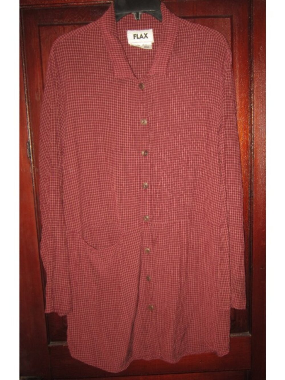 FLAX S Sufficient Shirt Tunic Top Blouse Button Plaid Pocket Long Berry Crepe